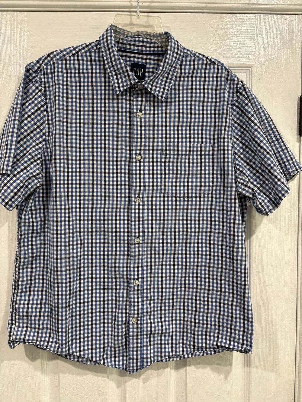 Gap Mens XL Blue White Gingham Stretch Short Sleeve Button Down Shirt